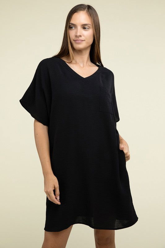 ZENANA Woven Airflow V Neck T-Shirt Dress with Pockets us.meeeshop - 