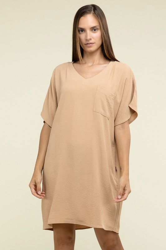 ZENANA Woven Airflow V Neck T-Shirt Dress with Pockets us.meeeshop - 