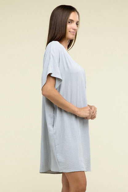 ZENANA Woven Airflow V Neck T-Shirt Dress with Pockets us.meeeshop - 