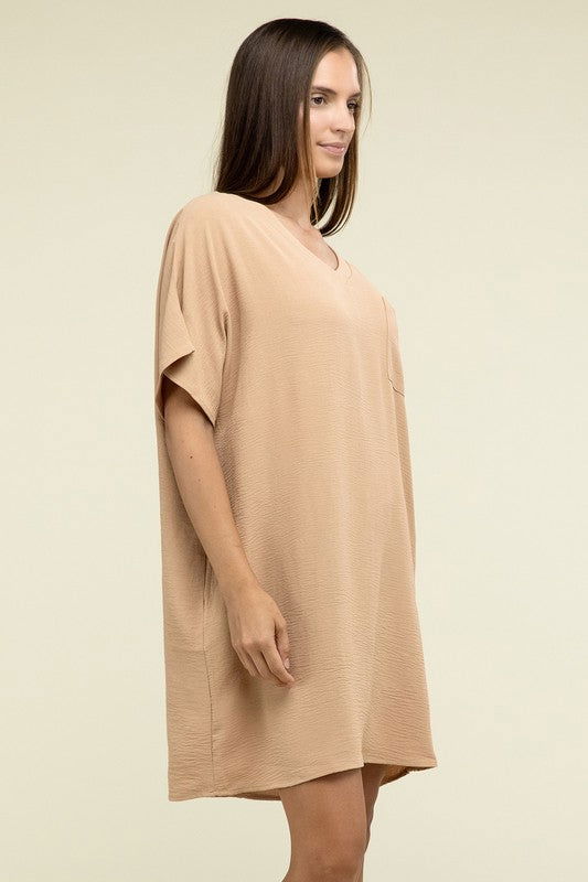 ZENANA Woven Airflow V Neck T-Shirt Dress with Pockets us.meeeshop - 