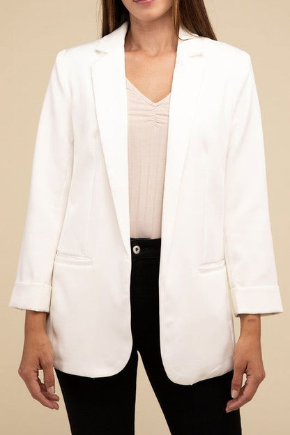 ZENANA Woven Long Sleeve Open Front Classic Blazer us.meeeshop - 