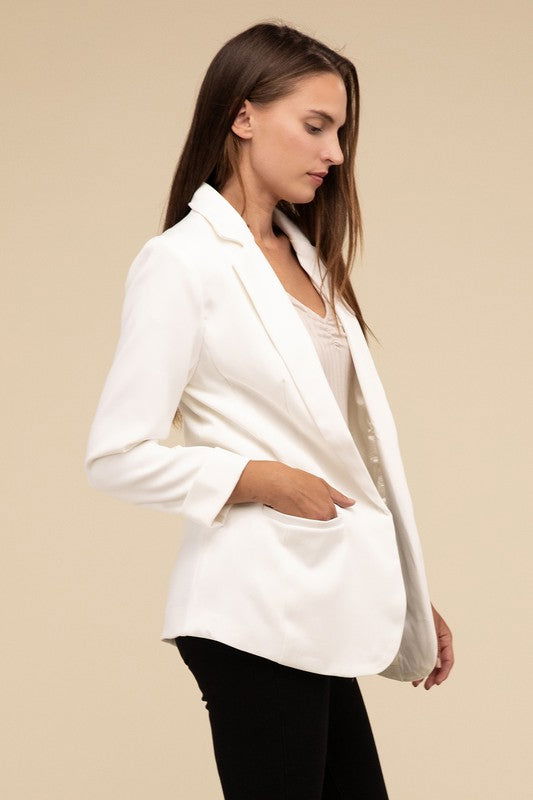 ZENANA Woven Long Sleeve Open Front Classic Blazer us.meeeshop - 