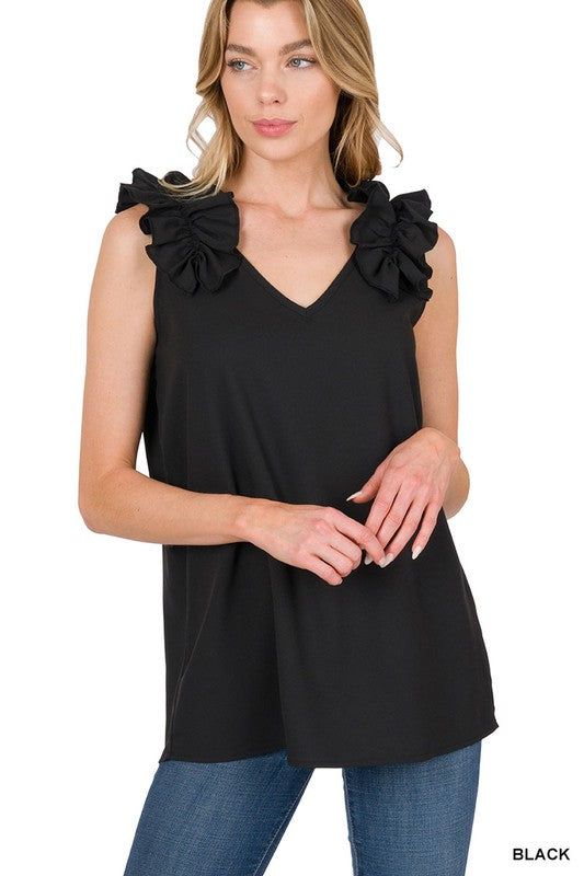 ZENANA | Woven Wool Dobby Ruffle Trim Sleeveless Top us.meeeshop - Shirts & Tops