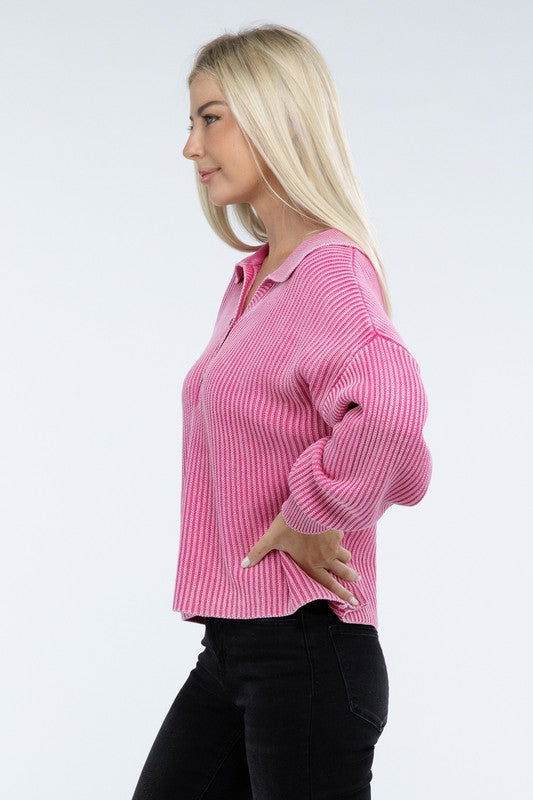 ZENANA Washed Collared Henley Sweater - us.meeeshop