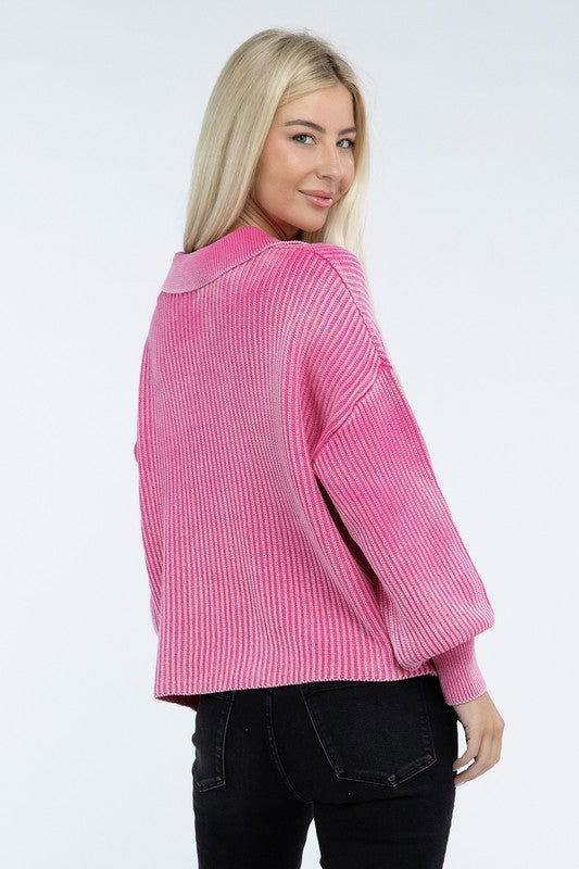 ZENANA Washed Collared Henley Sweater - us.meeeshop