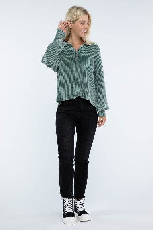 ZENANA Washed Collared Henley Sweater - us.meeeshop