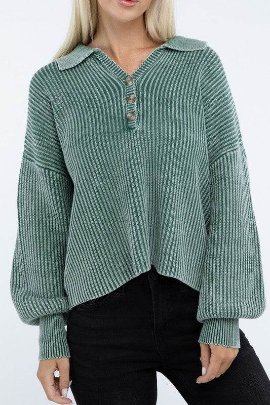 ZENANA Washed Collared Henley Sweater - us.meeeshop