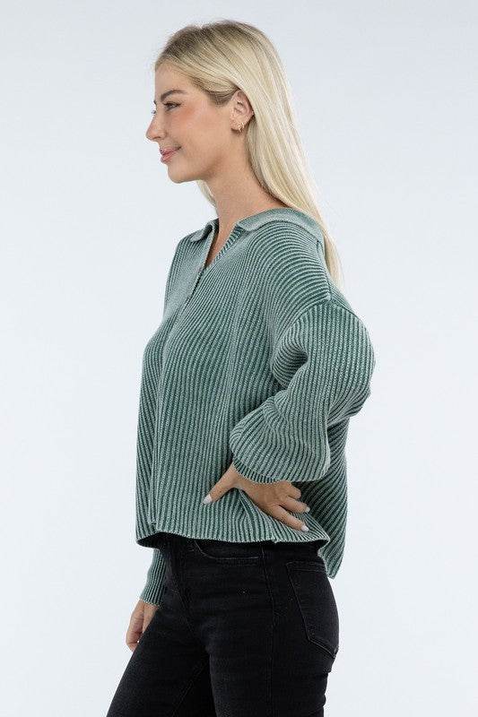 ZENANA Washed Collared Henley Sweater - us.meeeshop