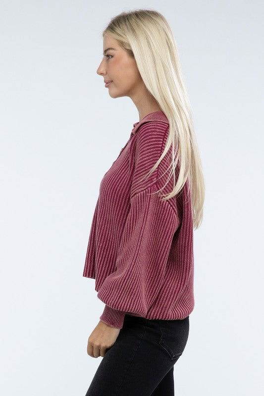 ZENANA Washed Collared Henley Sweater - us.meeeshop