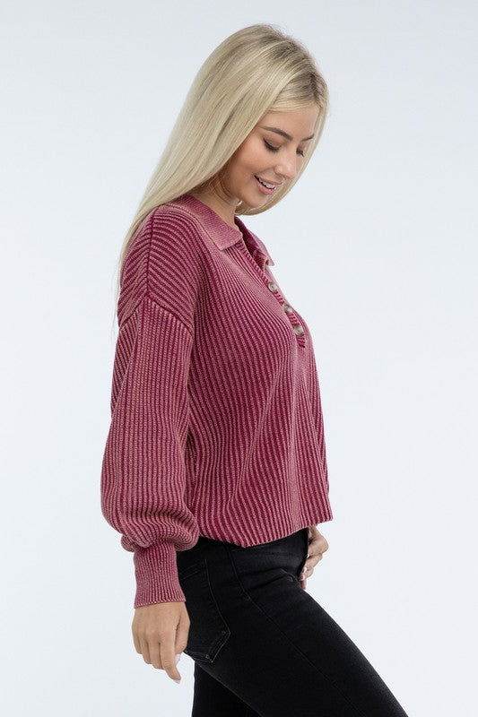 ZENANA Washed Collared Henley Sweater - us.meeeshop