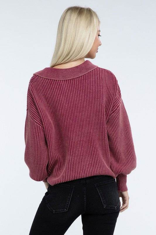 ZENANA Washed Collared Henley Sweater - us.meeeshop