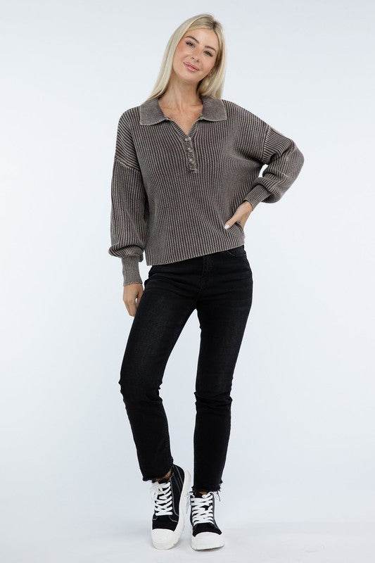 ZENANA Washed Collared Henley Sweater - us.meeeshop