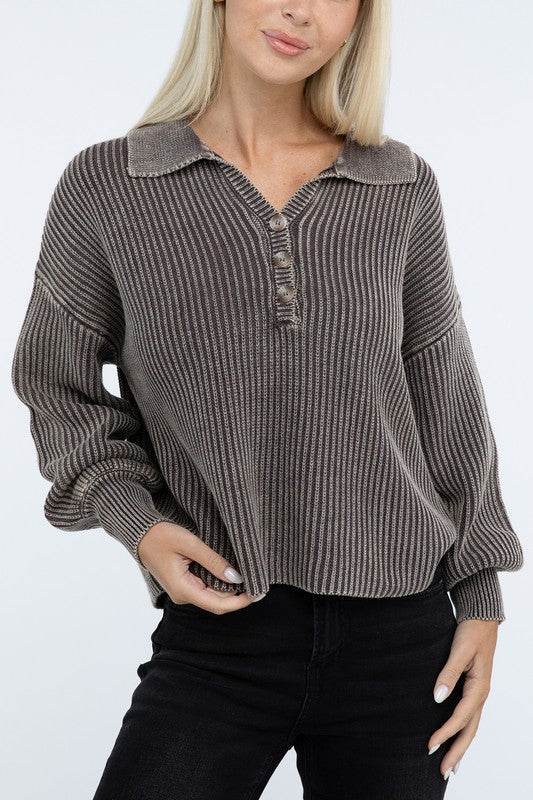 ZENANA Washed Collared Henley Sweater - us.meeeshop