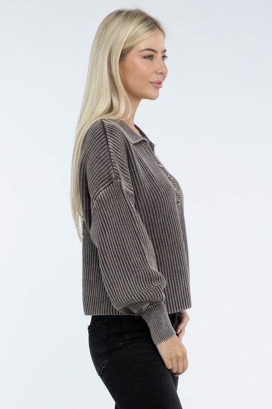 ZENANA Washed Collared Henley Sweater - us.meeeshop