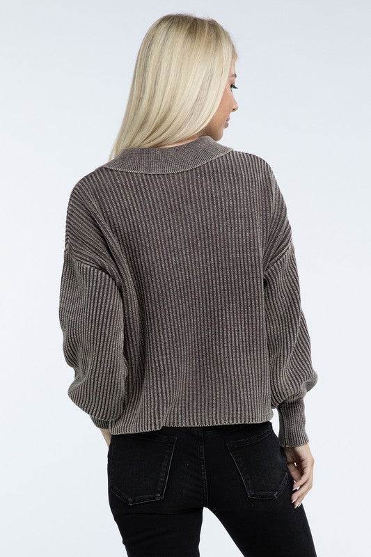 ZENANA Washed Collared Henley Sweater - us.meeeshop