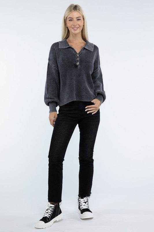 ZENANA Washed Collared Henley Sweater - us.meeeshop