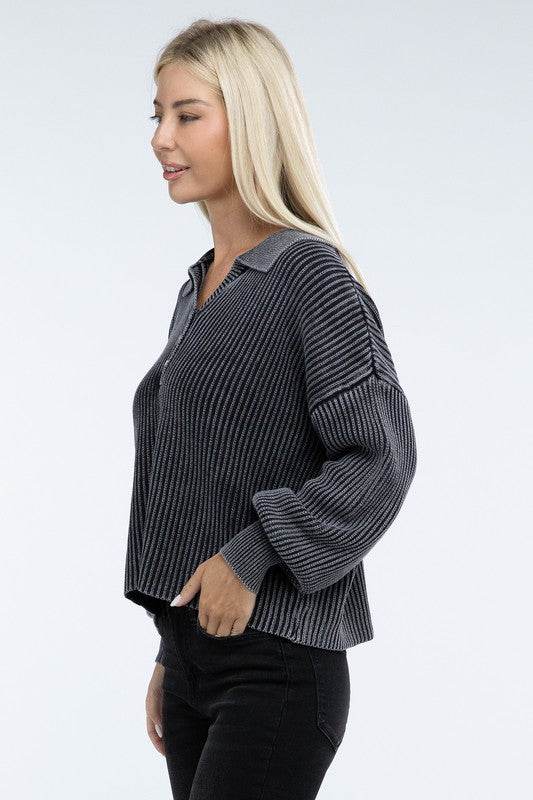 ZENANA Washed Collared Henley Sweater - us.meeeshop