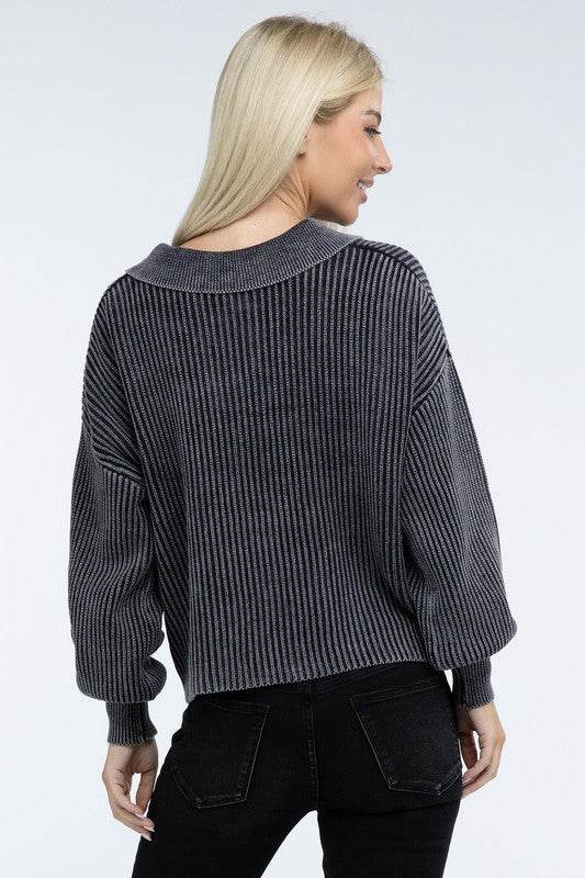 ZENANA Washed Collared Henley Sweater - us.meeeshop