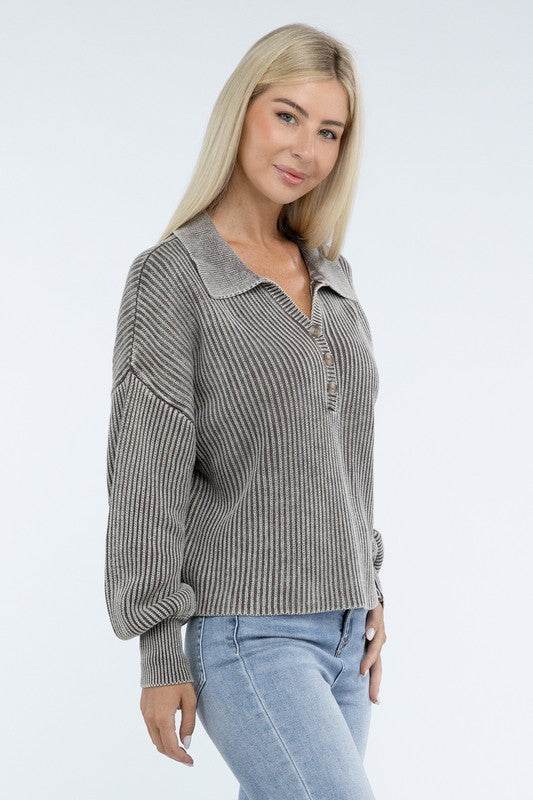 ZENANA Washed Collared Henley Sweater - us.meeeshop