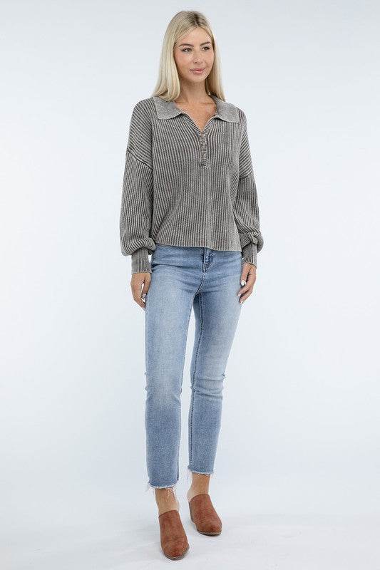 ZENANA Washed Collared Henley Sweater - us.meeeshop