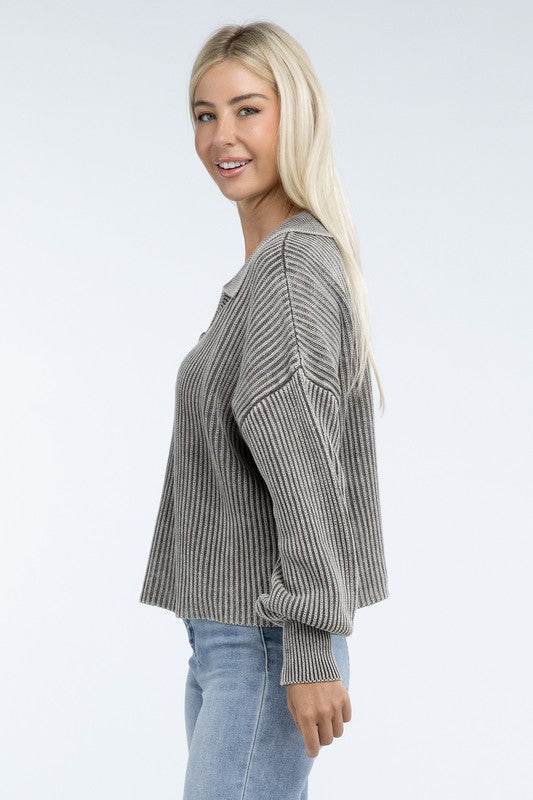 ZENANA Washed Collared Henley Sweater - us.meeeshop