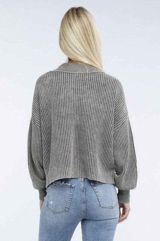 ZENANA Washed Collared Henley Sweater - us.meeeshop