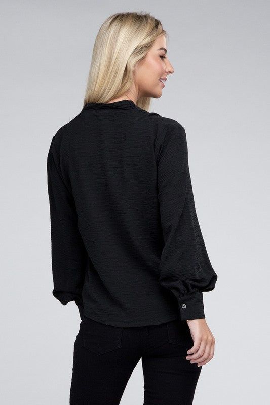 ZENANA Woven Airflow V-Neck Long Sleeve Top - us.meeeshop