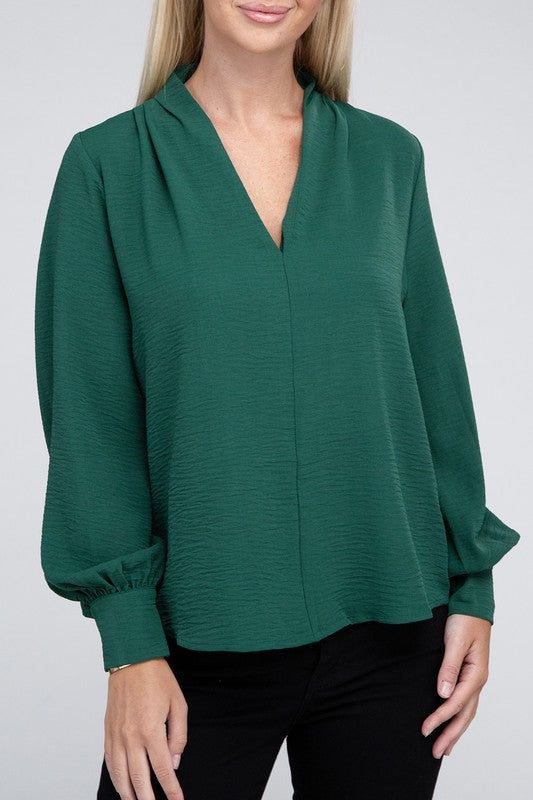 ZENANA Woven Airflow V-Neck Long Sleeve Top - us.meeeshop