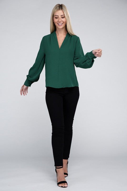 ZENANA Woven Airflow V-Neck Long Sleeve Top - us.meeeshop