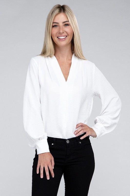 ZENANA Woven Airflow V-Neck Long Sleeve Top - us.meeeshop