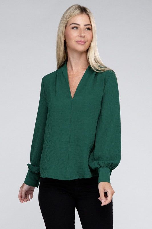 ZENANA Woven Airflow V-Neck Long Sleeve Top - us.meeeshop