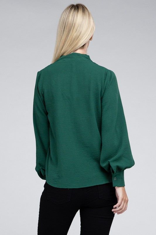 ZENANA Woven Airflow V-Neck Long Sleeve Top - us.meeeshop