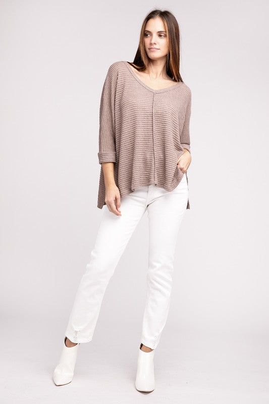 Zenana 3/4 Sleeve V-Neck Hi-Low Hem Jacquard Sweater us.meeeshop - 