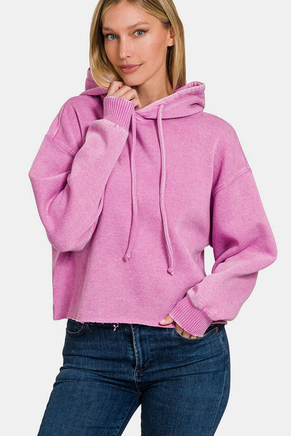 Zenana Acid Wash Fleece Cropped Hoodie In Mauve us.meeeshop - Shirts & Tops