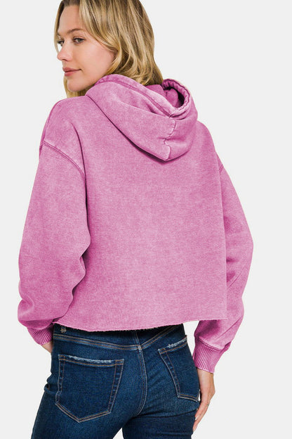 Zenana Acid Wash Fleece Cropped Hoodie In Mauve us.meeeshop - 