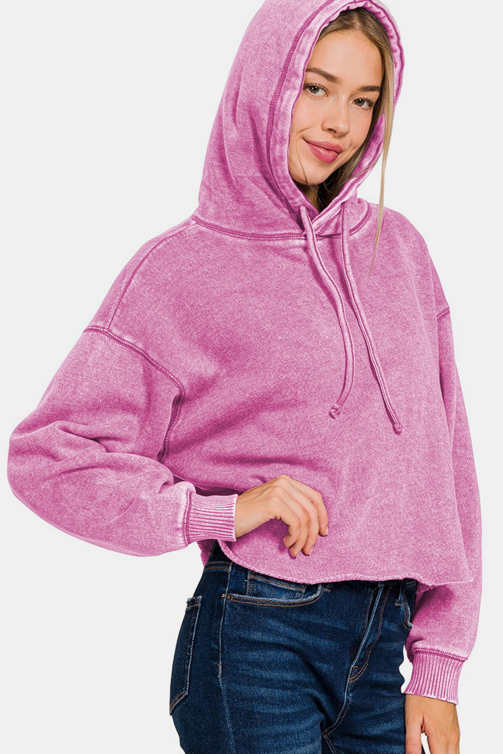 Zenana Acid Wash Fleece Cropped Hoodie In Mauve us.meeeshop - 