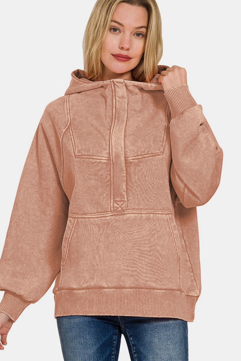 Zenana Acid Wash Fleece Kangaroo Hoodie In Rust us.meeeshop - 