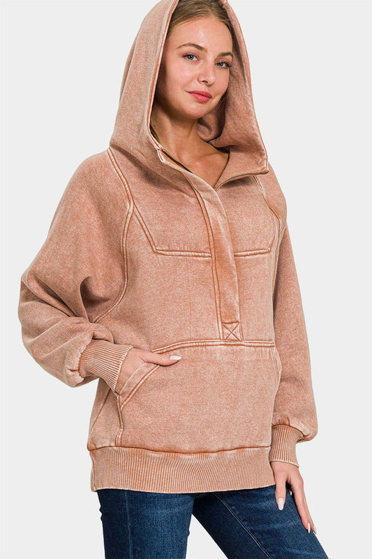 Zenana Acid Wash Fleece Kangaroo Hoodie In Rust us.meeeshop - Shirts & Tops