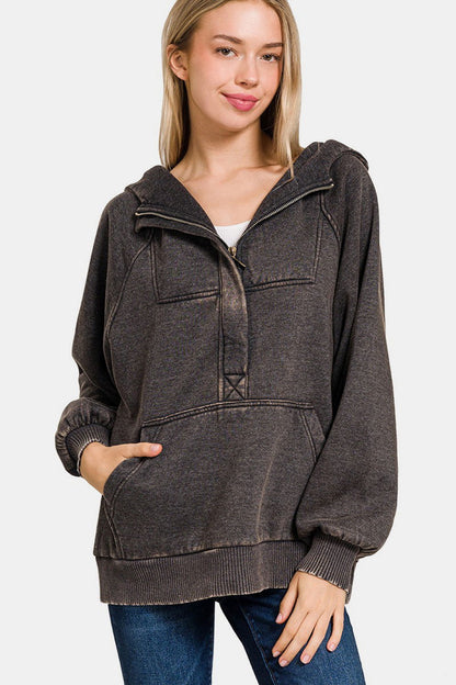 Zenana Acid Wash Fleece Kangaroo Hoodie us.meeeshop - Shirts & Tops