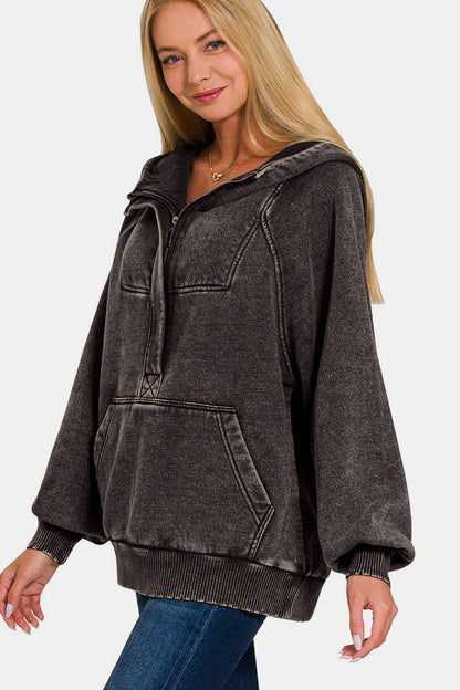 Zenana Acid Wash Fleece Kangaroo Hoodie us.meeeshop - 