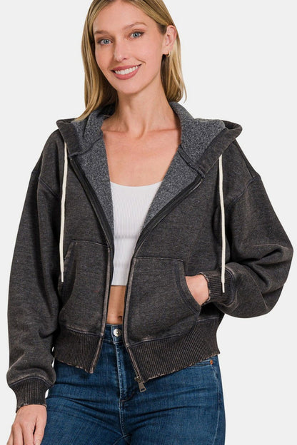 Zenana Acid Wash Fleece Zip-Up Cropped Hoodie us.meeeshop - Shirts & Tops