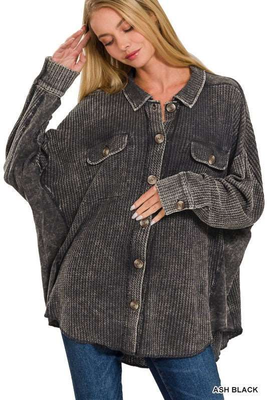 Zenana Acid Wash Oversized Cotton Waffle Shacket us.meeeshop - Coats & Jackets