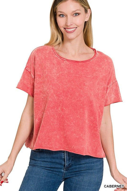 Zenana Acid Wash Raw Edge Short Sleeve Crop Top us.meeeshop - Shirts & Tops