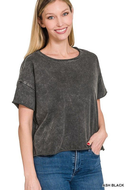 Zenana Acid Wash Raw Edge Short Sleeve Crop Top us.meeeshop - 