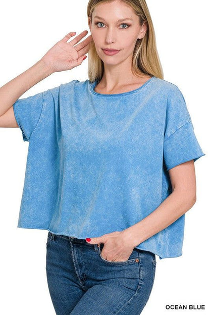 Zenana Acid Wash Raw Edge Short Sleeve Crop Top us.meeeshop - 