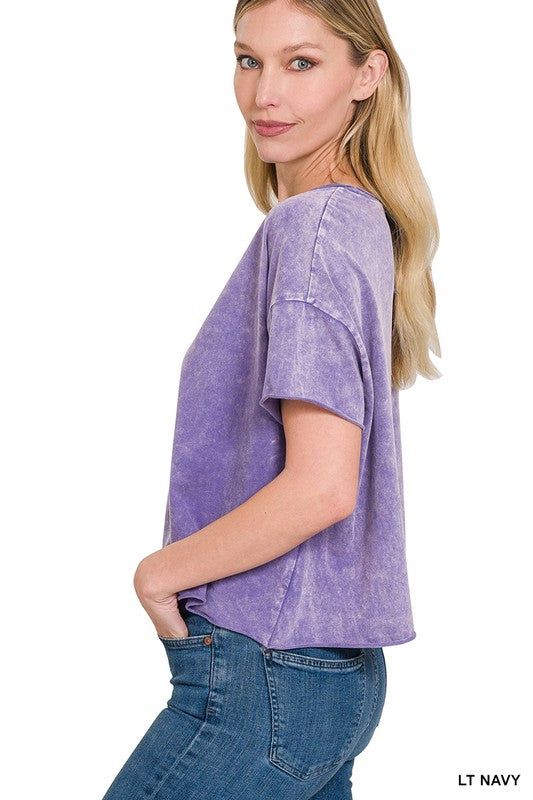 Zenana Acid Wash Raw Edge Short Sleeve Crop Top us.meeeshop - 