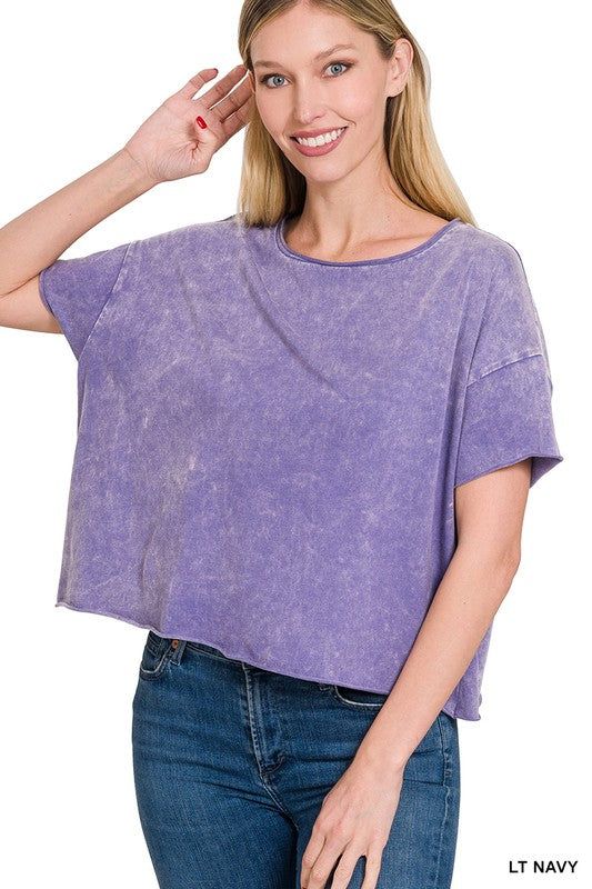 Zenana Acid Wash Raw Edge Short Sleeve Crop Top us.meeeshop - 