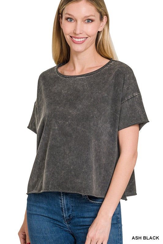 Zenana Acid Wash Raw Edge Short Sleeve Crop Top us.meeeshop - 