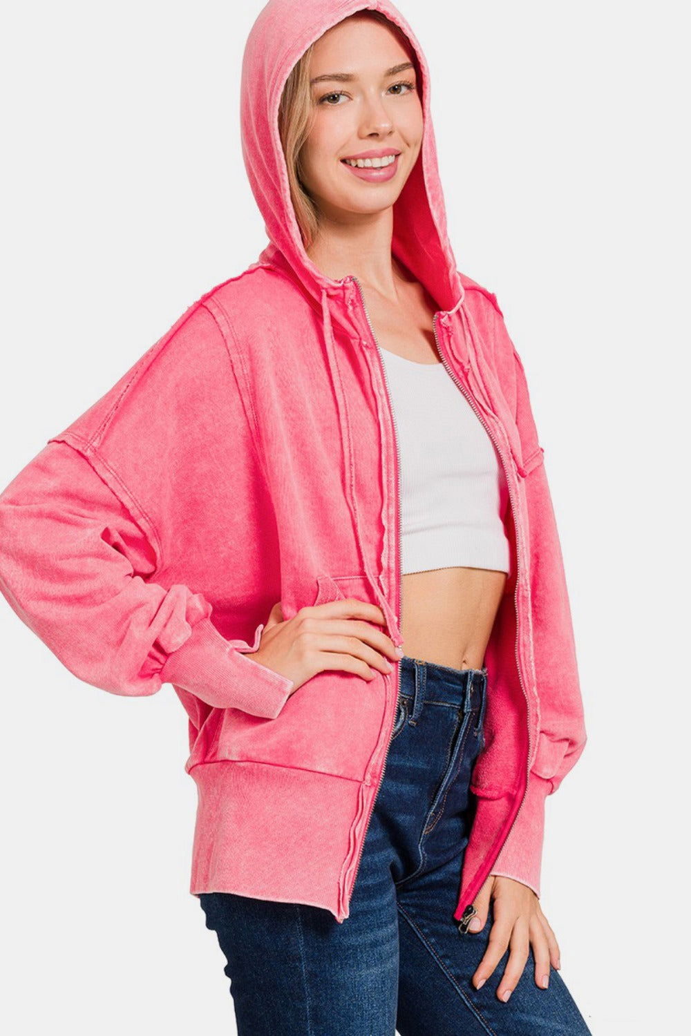 Zenana Acid Washed French Terry Zip-Up Hoodie with Pockets us.meeeshop - 