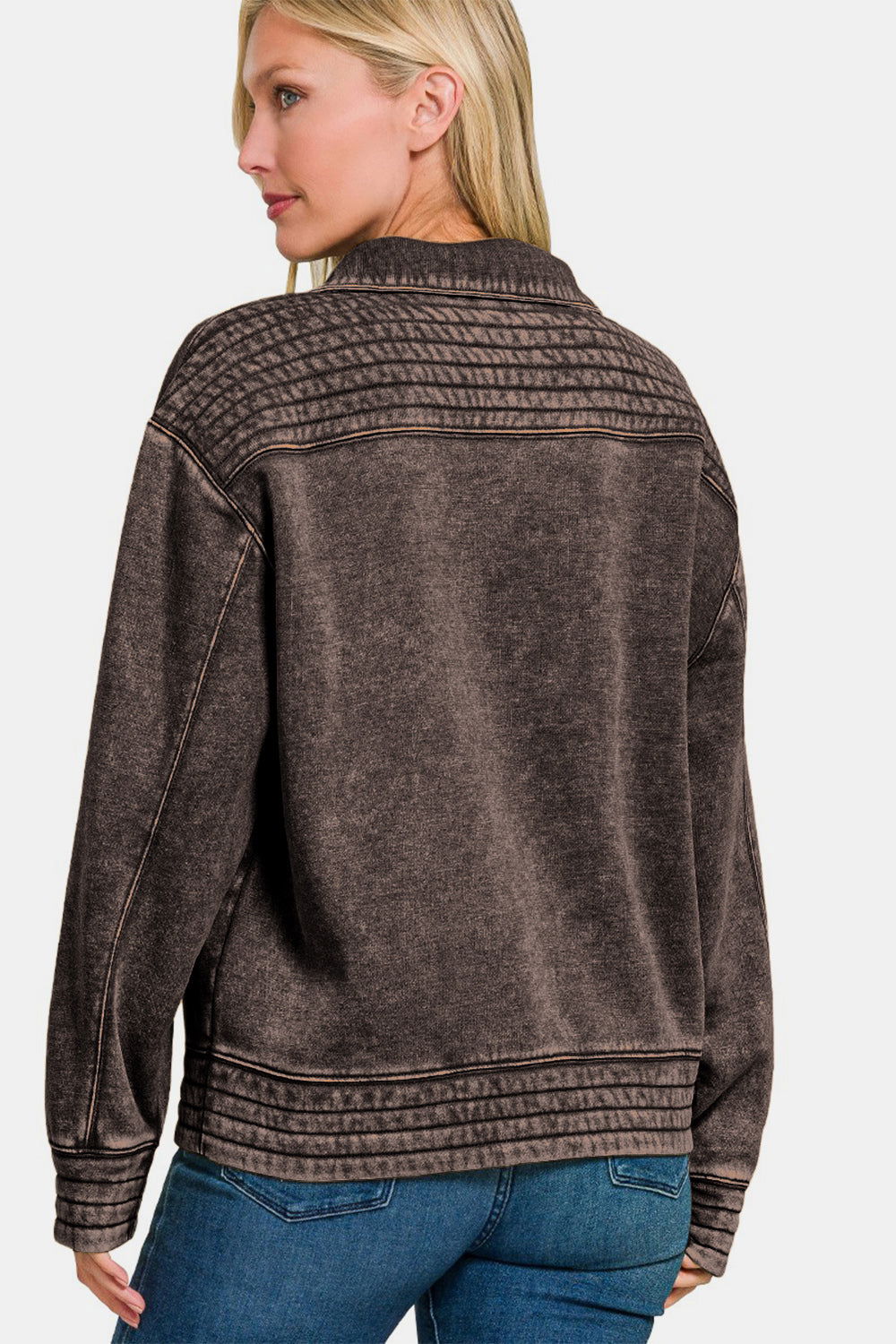 Zenana Acid Washed Half Snap Fleece Sweatshirt In Black us.meeeshop - 